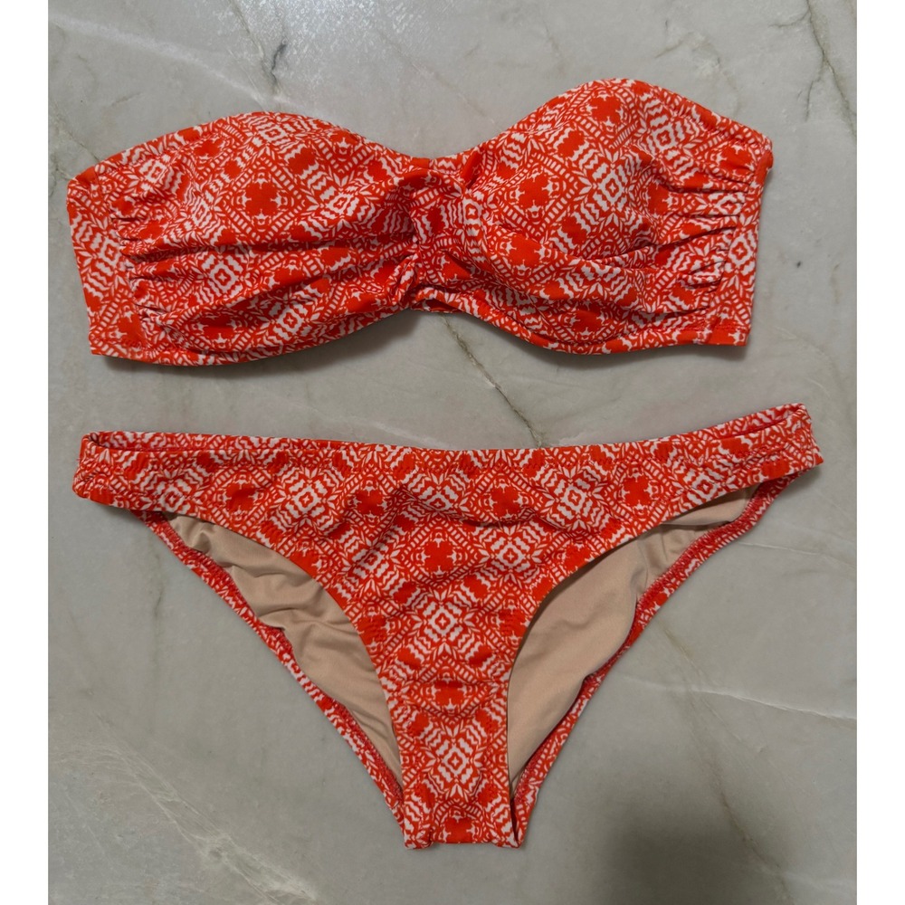 J.Crew Womens Orange White Geometric Bandeau Bikini Set B9655 Small